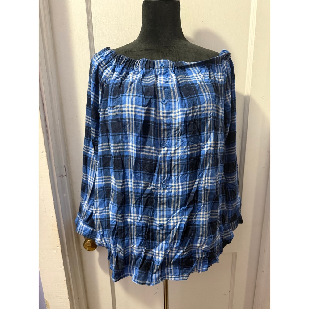 Miss Lili Blue Plaid Off Shoulder Long Sleeve Button Down Blouse Top 1X